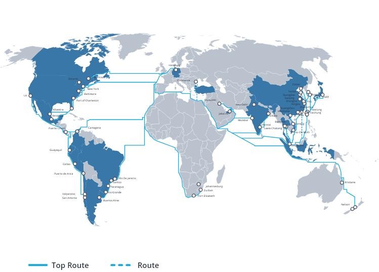 Global shipping trade routes and major ports map